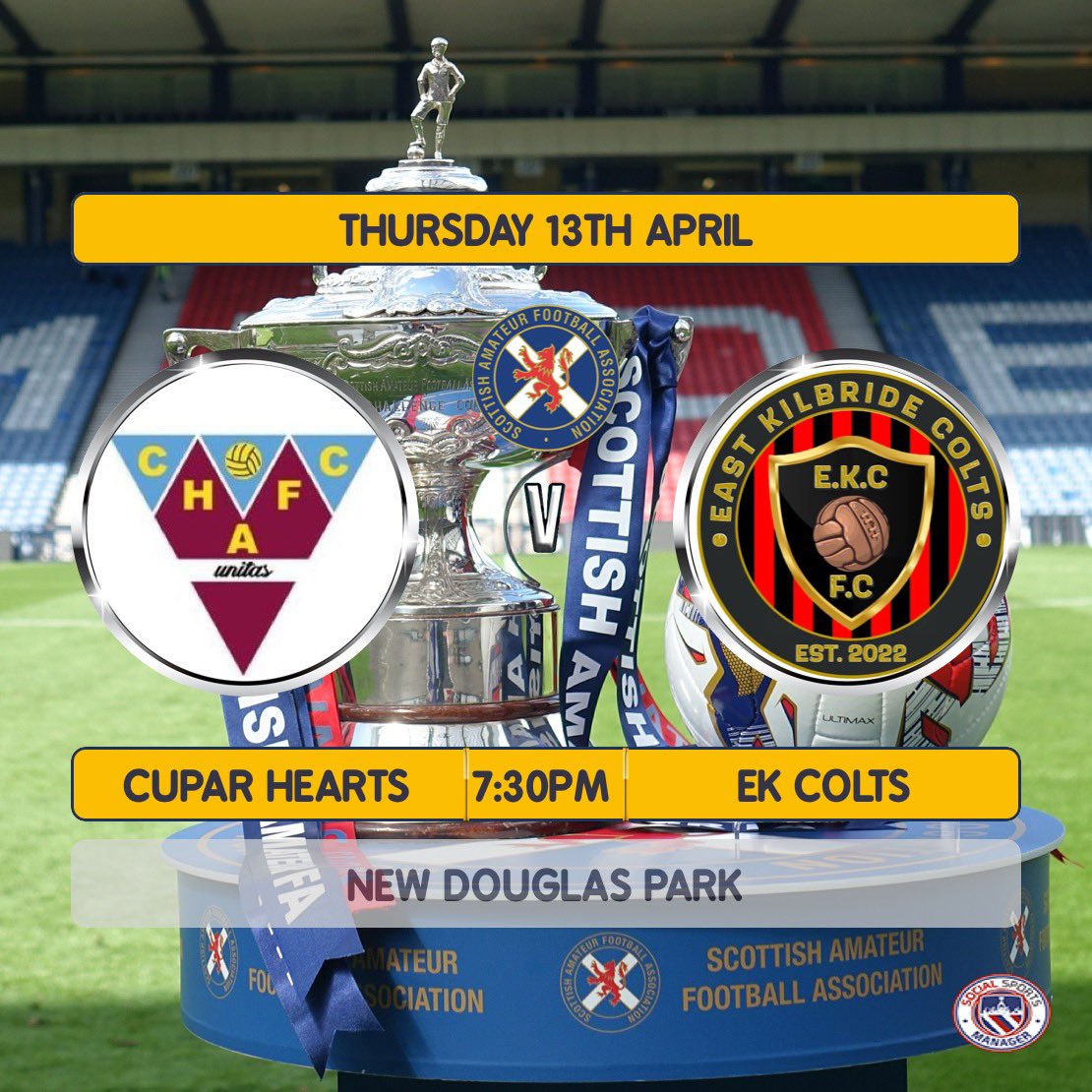 Game Day !!!

🆚 - Cupar Hearts
📆 - Thursday, 13th April
🏟️ - <a href="/acciesfc/">Hamilton Accies FC news stats info</a> New Douglas Park
🏆 - <a href="/ScotAmFA/">Scottish Amateur FA</a> Scottish Cup Semi Final
⌚️ - 7:30pm KO

UP THE COLTS 🔴⚫️🟡