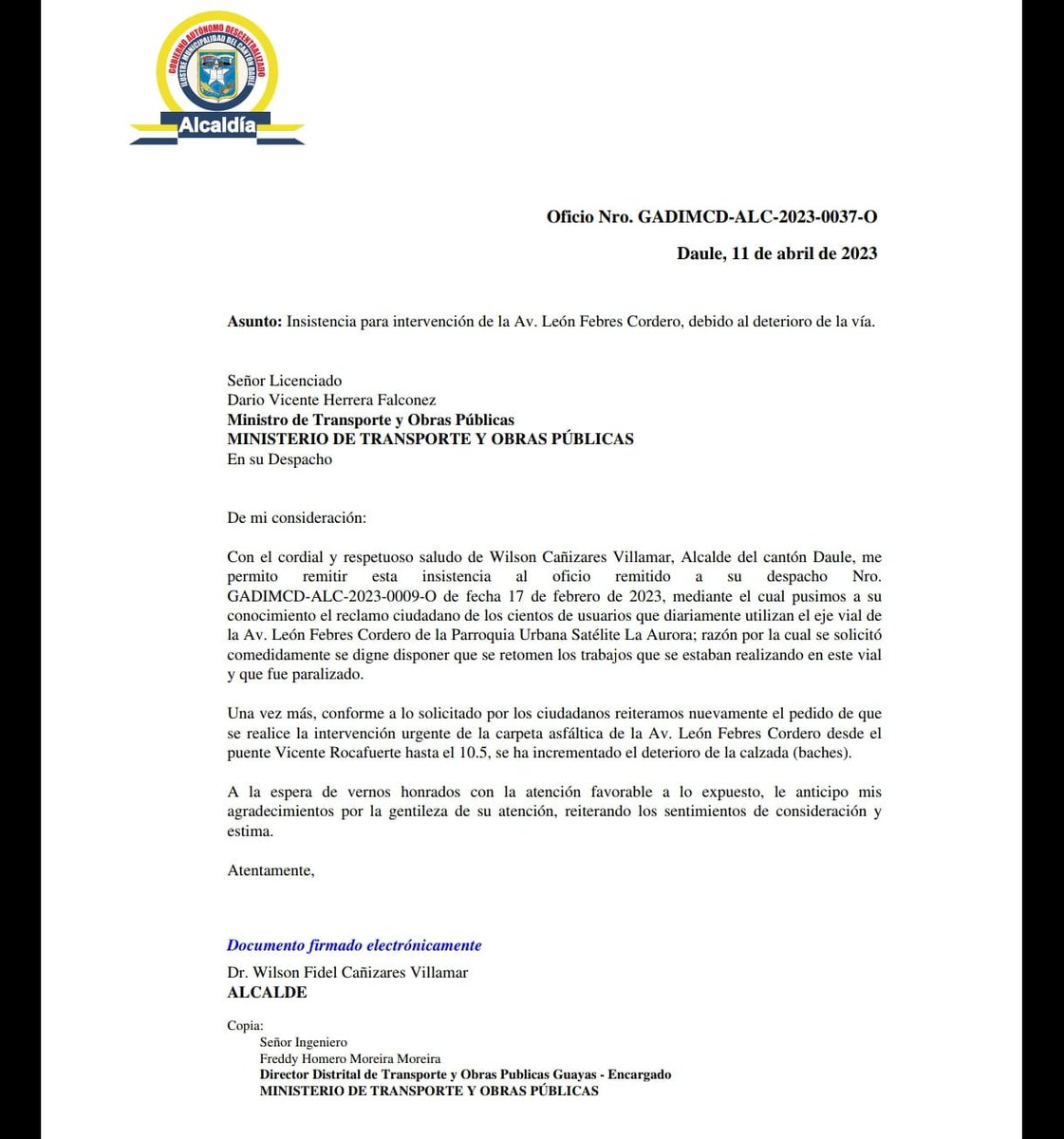 WilsonCanizares's tweet photo. Señores de @obraspublicas_ec por favor atiendan el clamor de la ciudadanía de la parroquia La Aurora (DAULE) respecto al arreglo de la Av. León Febres Cordero.  
Presidente @LassoGuillermo su gentileza interviniendo para brindar una solución a miles de familias. https://t.co/ldXN9EzKM5