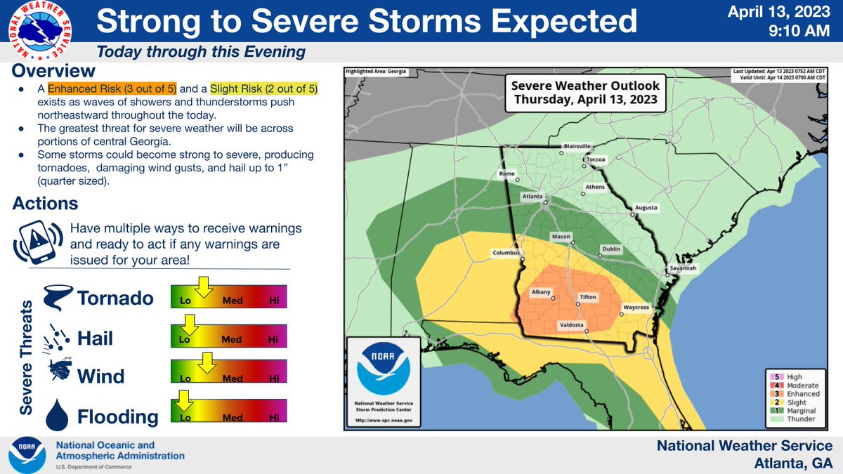 🚨SPC has issued an enhanced risk (3/5) for portions of central Georgia for today into tonight for strong to severe storms!

As waves of storms move northeastward throughout the day the main risks will include:
🌪️Tornadoes
🍃Damaging wind gusts 
🧊Hail 

#gawx