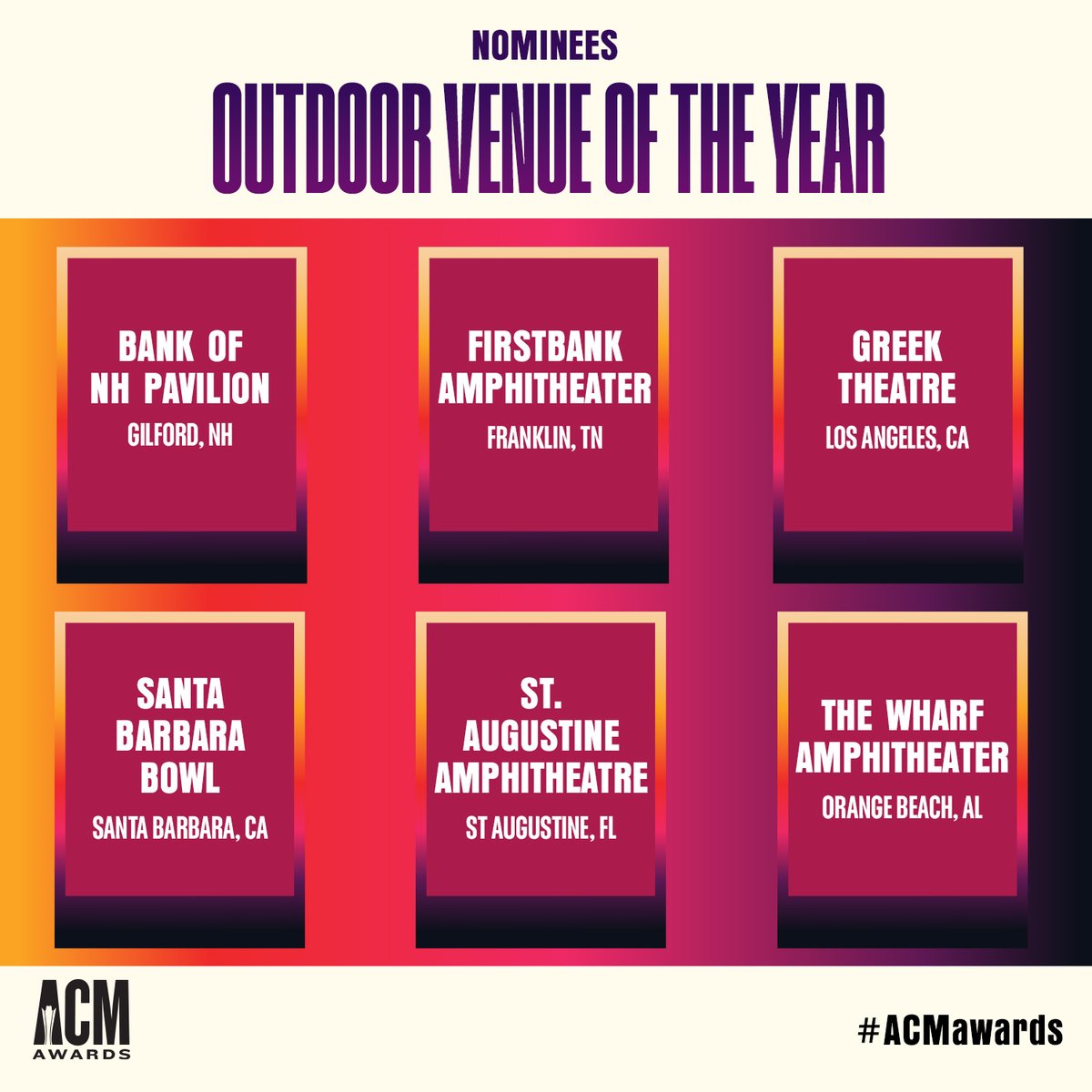 ACMawards's tweet photo. #ACMawards Outdoor Venue of the Year Nominees:
⭐ @BankNHPavilion
⭐ @FirstBankAmp
⭐ @Greek_Theatre
⭐ @sbBowl
⭐ @TheAmpSA
⭐ @TheWharfOBA https://t.co/QFHzWcbVhb