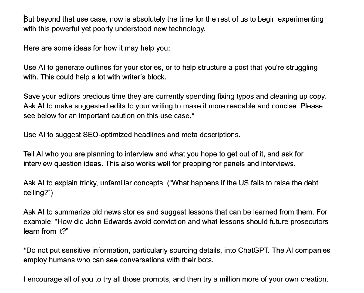 maxwelltani's tweet photo. In a lengthy note to staff this morning, Insider EIC @nichcarlson says the publication will begin experimenting with how to use AI for reporting and editing. Here are parts of the memo: https://t.co/DooqYWaWEc
