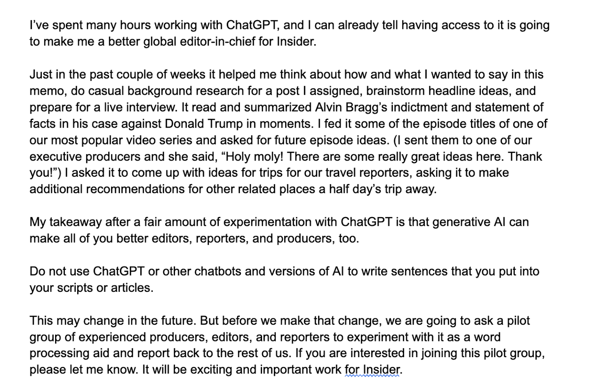 maxwelltani's tweet photo. In a lengthy note to staff this morning, Insider EIC @nichcarlson says the publication will begin experimenting with how to use AI for reporting and editing. Here are parts of the memo: https://t.co/DooqYWaWEc