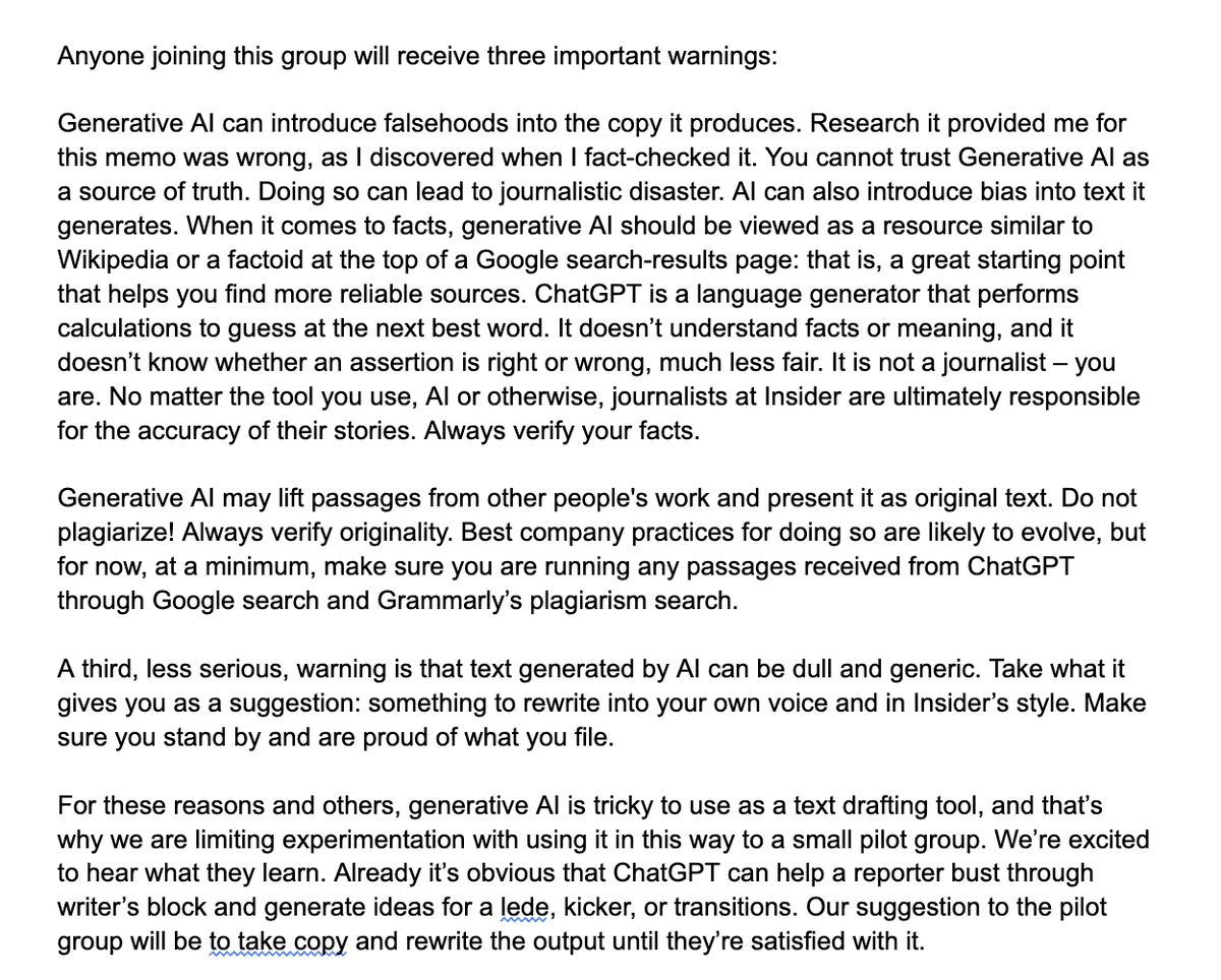 maxwelltani's tweet photo. In a lengthy note to staff this morning, Insider EIC @nichcarlson says the publication will begin experimenting with how to use AI for reporting and editing. Here are parts of the memo: https://t.co/DooqYWaWEc