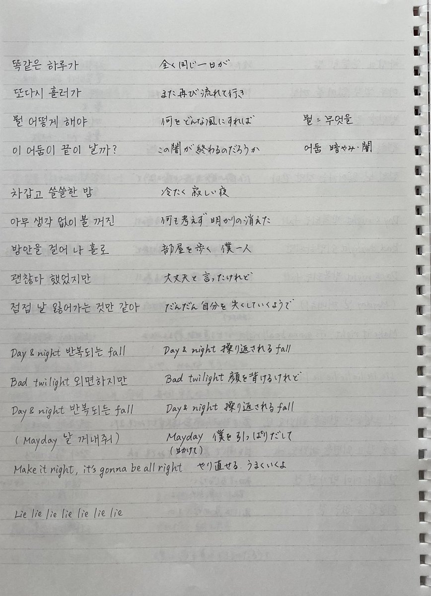 JIMKBTS1's tweet photo. 『ALONE』
やっぱりこの曲は自分で一つ一つ調べたかった
語学苦手だから英語のMaydayも？と思い調べたら、国際的に使われる無線電話の救難信号(助けて)だった。
サビの歌声に隠れるように入っている
(助けて、僕を引っ張り出して)
の叫び。

そして
Make it right, +
#JIMIN #Jimin_FACE #한국어_공부 https://t.co/e4XU3S4I8Y