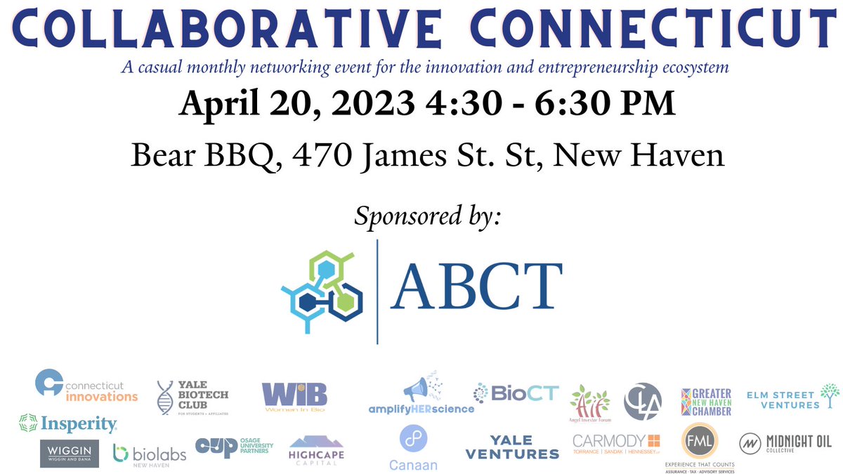 WomenInBioCT's tweet photo. Mark your 🗓️; our April #CollabCT happy hour is coming up! 🥂 On 4/20 at 4:30 p.m., #WIBCT will be gathering to #network at Bear's Smokehouse Barbecue w/ innovators in the #CT #lifesciences community. Don’t miss it!
RSVP ➡️: https://t.co/vheogZfdH0 https://t.co/jfDmp9zOQ9
