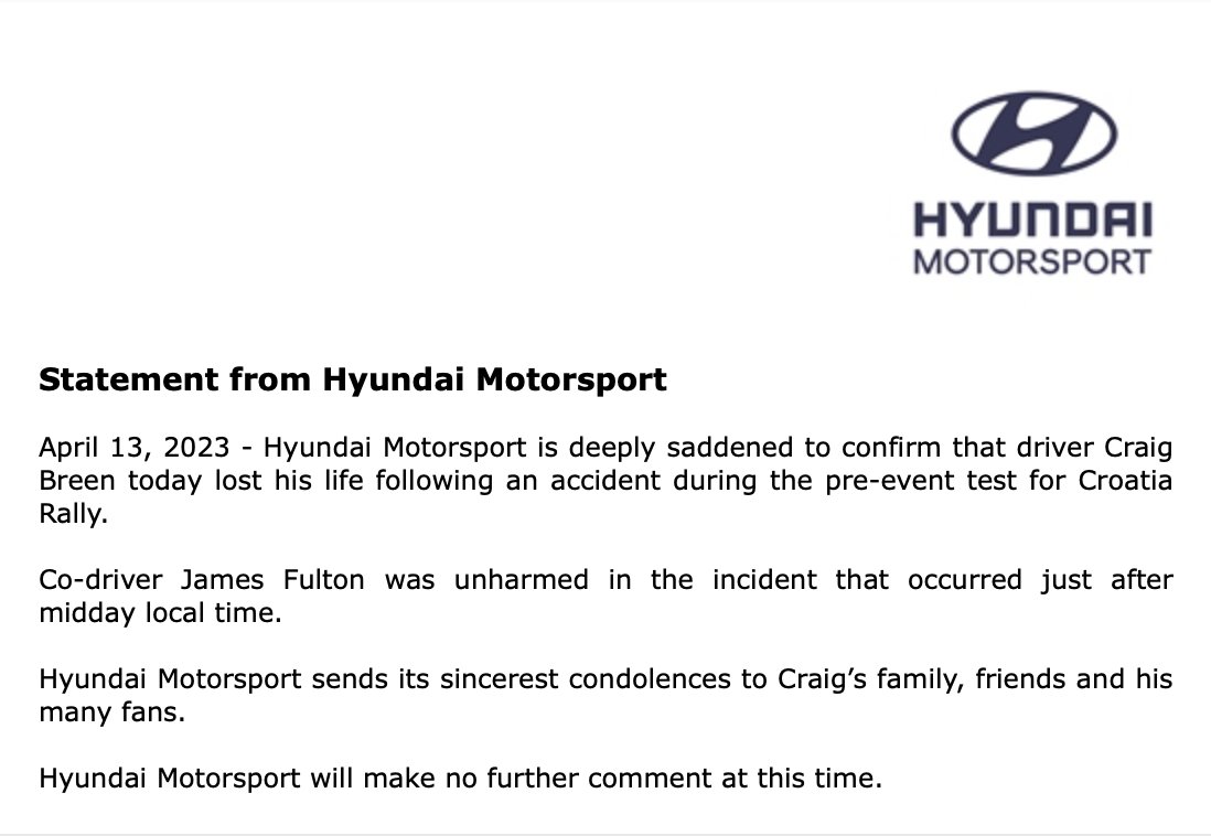 OFICIAL: Craig Breen ha fallecido después de sufrir un accidente en los test que estaba haciendo el equipo antes del Rally de Croacia #WRC Descanse en paz.