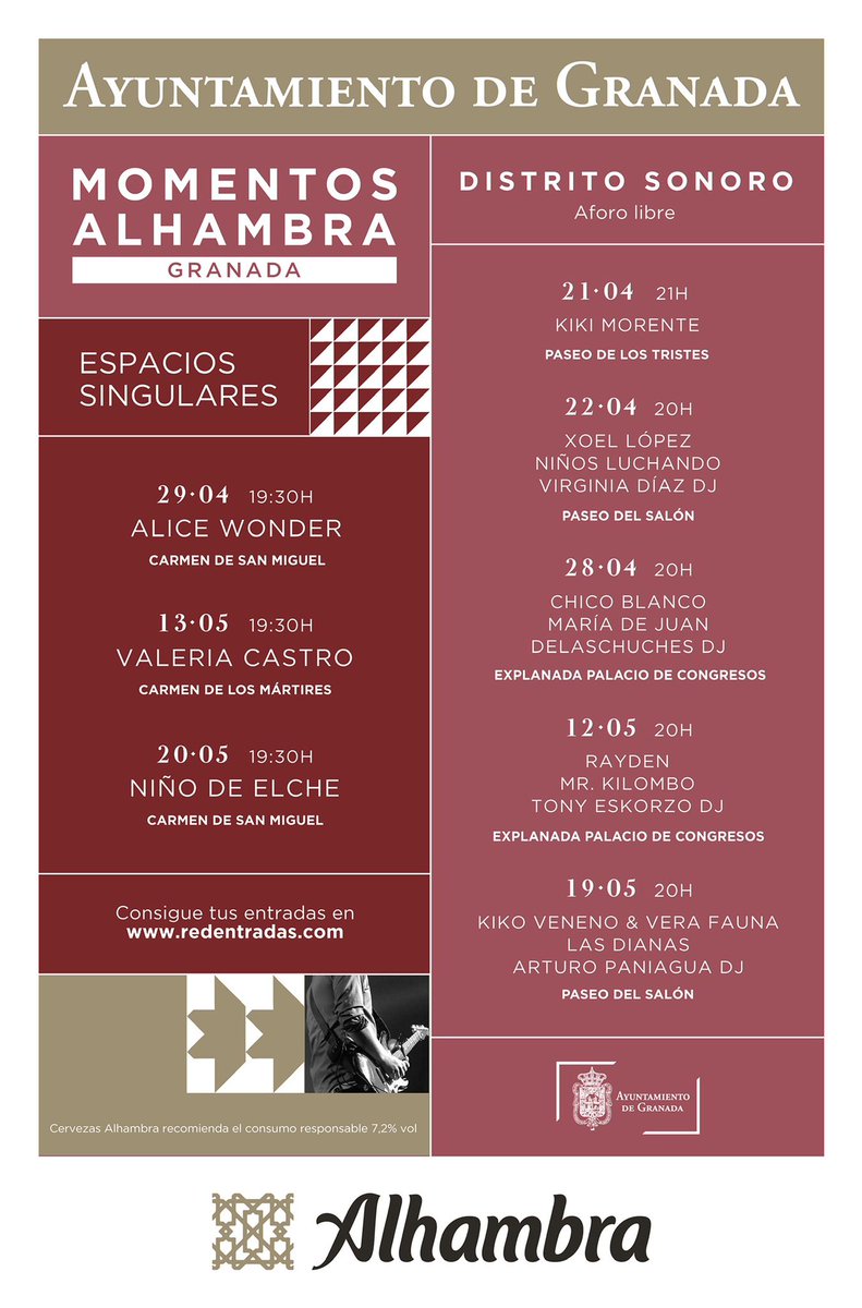 aytogr's tweet photo. 🎸@KikoVeneno, @KikiMorente y @xoellopez consolidan el cartel de la sexta edición de #MomentosAlhambra #DistritoSonoro, que llevará la música gratis a las calles y plazas de #Granada esta primavera de la mano del Ayuntamiento y @Alhambra_Es https://t.co/XN1KBIiqaD