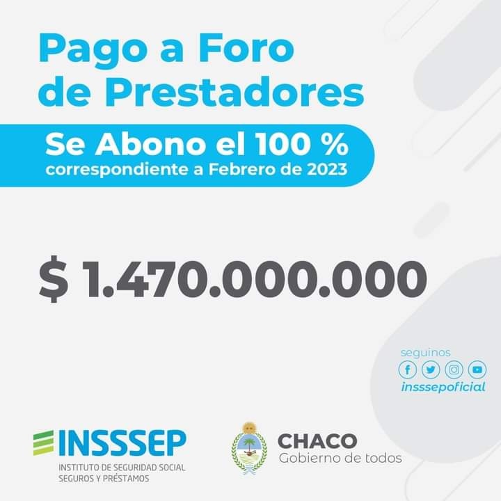 PAGO AL FORO DE PRESTADORES
🏢INSSSEP pago la suma de $ 1.470.000.000 al foro de prestadores.
📊El Directorio del organismo, confirmó que se abonó el ciento por ciento de la facturación correspondiente al mes de febrero 2023 en honorarios e internación.
#pagoaprestadores
#INSSSEP