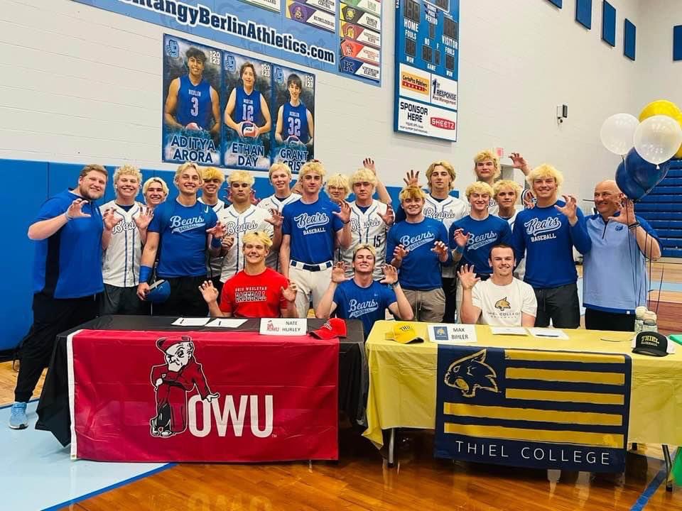 APGunn33's tweet photo. Congrats to our two Seniors signing to play at the next level yesterday! Hard work and dedication pays off. Proud of you guys! @BihlerMax @NHurley_7 #BerlinPride https://t.co/MQ5pFOJO0q