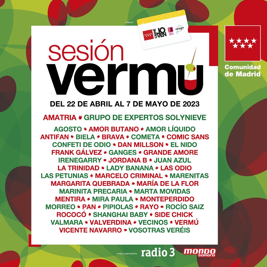 LiveMusicRadar_'s tweet photo. ¡Toda la programación del ciclo #SesiónVermú en #LiveMusicRadar! 😎
📍No te pierdas los conciertos en Colmenar de Oreja, Chinchón, Manzanares el Real, Nuevo Baztán y más ubicaciones que encontrarás en nuestro radar musical.
@CulturaCMadrid
💻 https://t.co/tHanLwLExe https://t.co/BajPHnlVV2