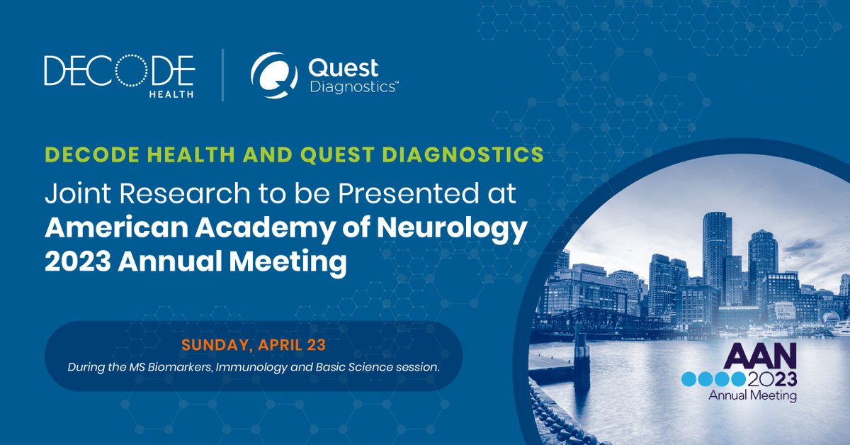 decodehealthai's tweet photo. We're looking forward to the @AANmember Annual Meeting, Apr 22-27. Don't miss our presentation of joint @decodehealthai &amp; @QuestDX research during the MS Biomarker, Immunology &amp; Basic Science session, beginning at 3:30 ET. #biomarkers #MS #precisionmedicine #healthcareinnovation https://t.co/cGy128EBER