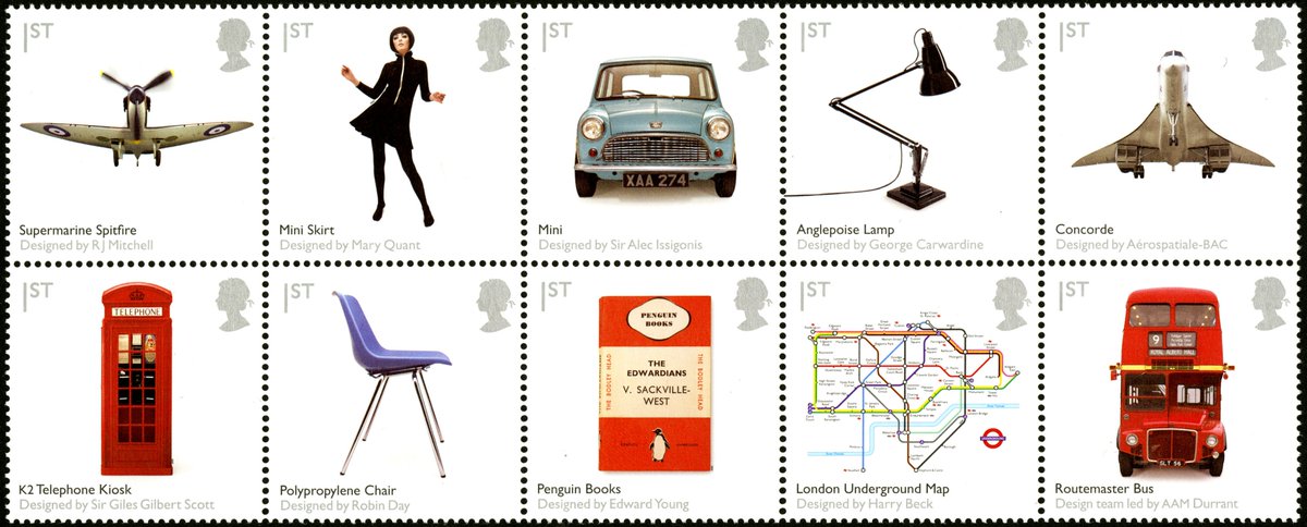 thepostalmuseum's tweet image. Dame Mary Quant, 60&apos;s fashion pioneer passed away this morning. 

Her famous mini skirt featured in the British Design Classics 2009 stamp set pictured below. 

Her trailblazing visions will be missed. #MaryQuant