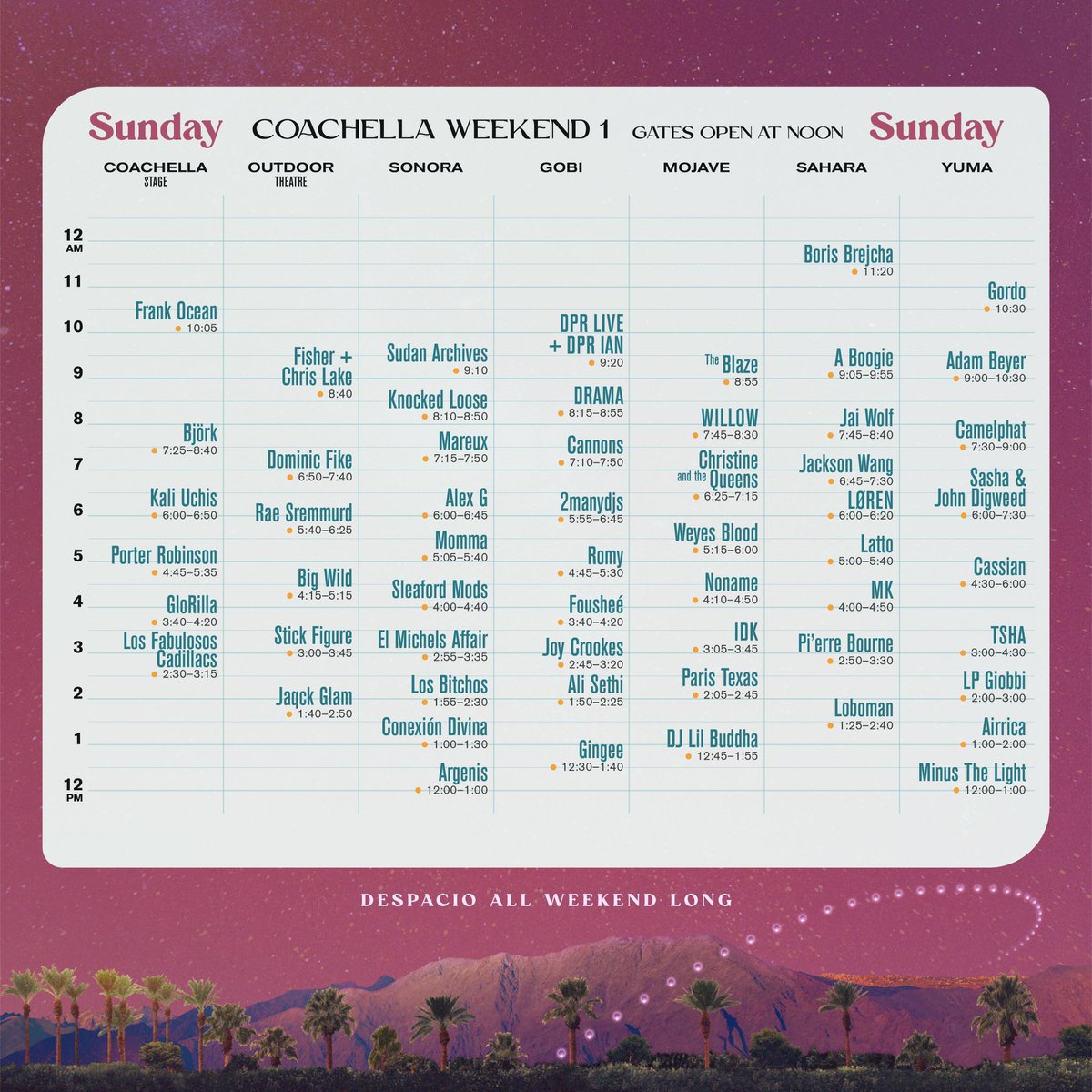 TeamFrankDaily's tweet photo. LIVESTREAMERS: Set times have been released! Frank Ocean will be performing at 10:05pm pacific time this Sunday. Bookmark Coachella’s YouTube page now and thank yourself later: https://t.co/d0INCkRRV8 https://t.co/XkcSJXUGAE