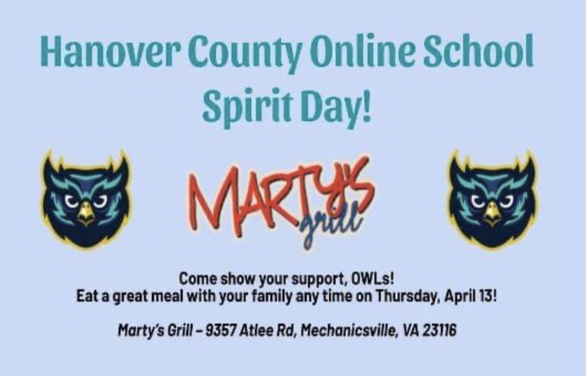 It's Spirit Day at Marty's Grill, and a percentage of today's profits will benefit the Hanover County Online School! Stop by to support!