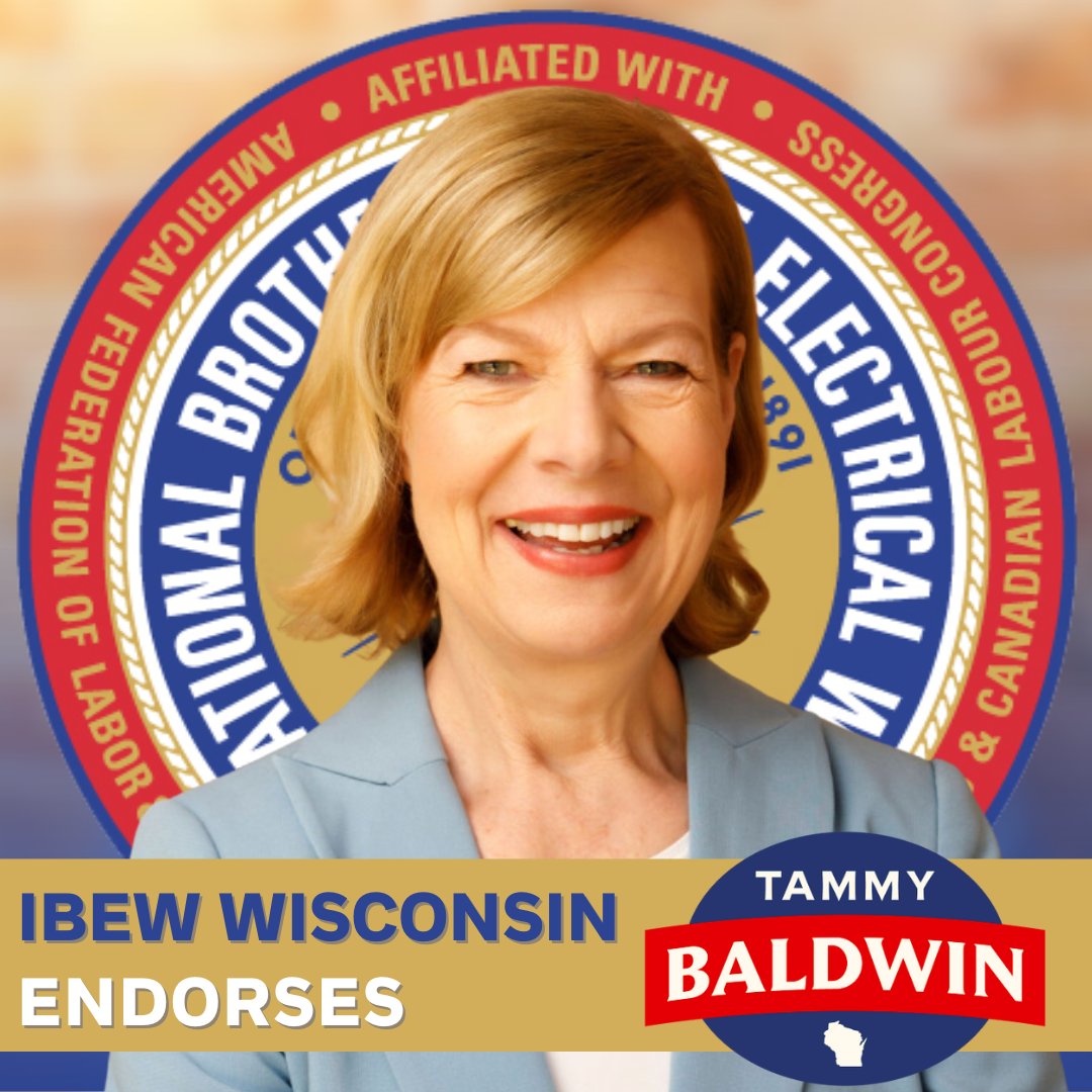 WisconsinIBEW's tweet photo. "@tammybaldwin has always been on the frontlines of doing what is best for Wisconsin’s workers and we believe will continue to be the best choice to represent our local unions, members, and all the working families of this great state."
(1/2) #WisconsinIBEW #IBEWStrong https://t.co/B3K5hkOGnu