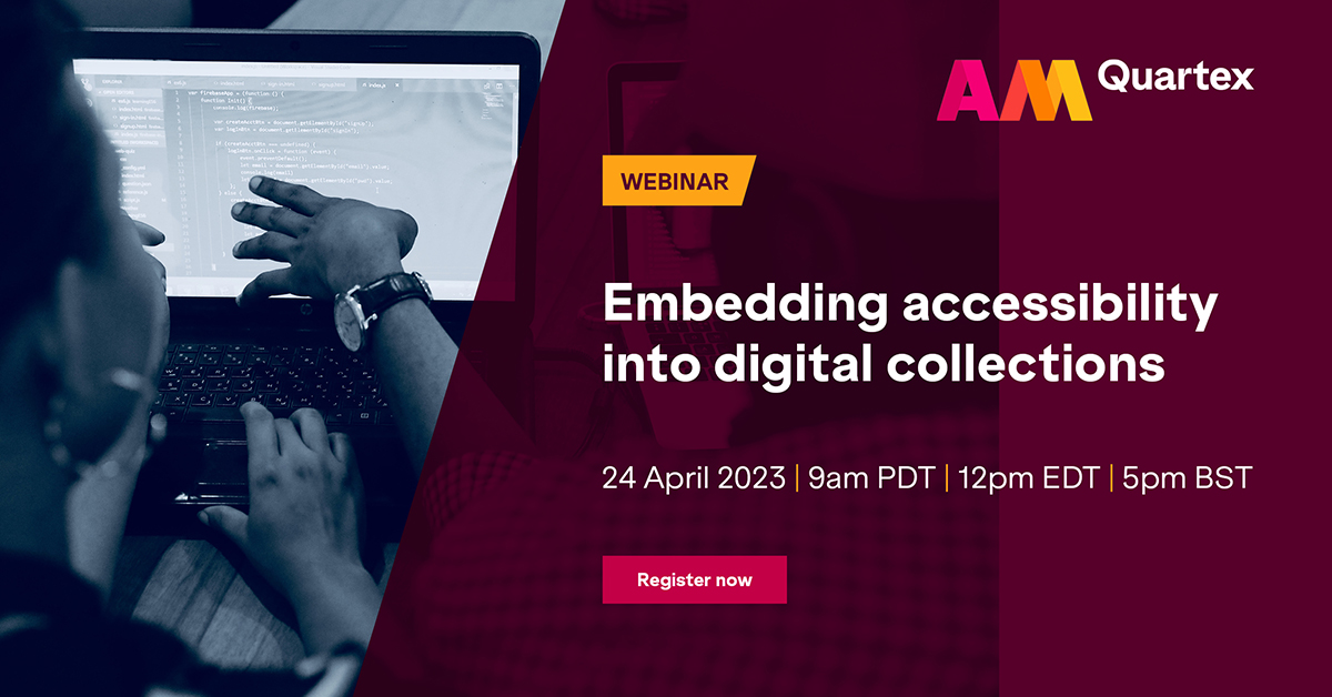 What steps can you take to make your digitised special collections as accessible as possible? Join our next webinar to hear how <a href="/SyracuseULib/">Syracuse University Libraries</a> and <a href="/TowsonU/">Towson University</a> are embedding accessibility into their digital collections. okt.to/rOHogt