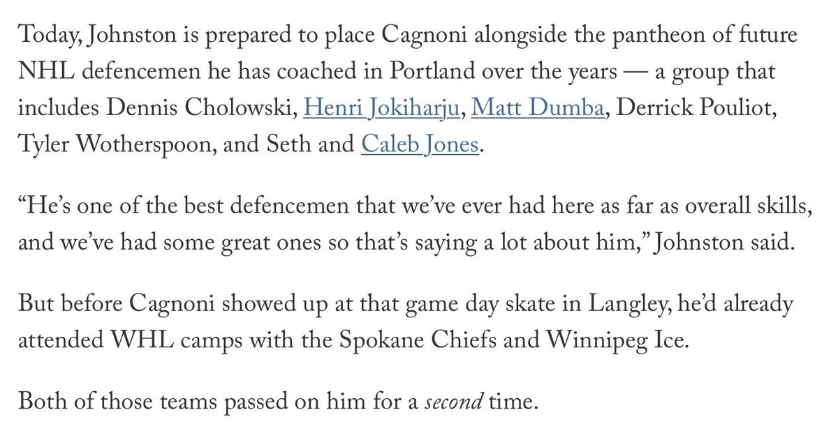 scottcwheeler's tweet photo. Luca Cagnoni was passed over by all 20 WHL teams. The Portland Winterhawks decided to sign him after a half-hour morning skate. 

Now he's one of the top D prospects for the #2023NHLDraft. 

On his unlikely rise: https://t.co/7ZjwMCYUGs https://t.co/VxVj7RIzpY