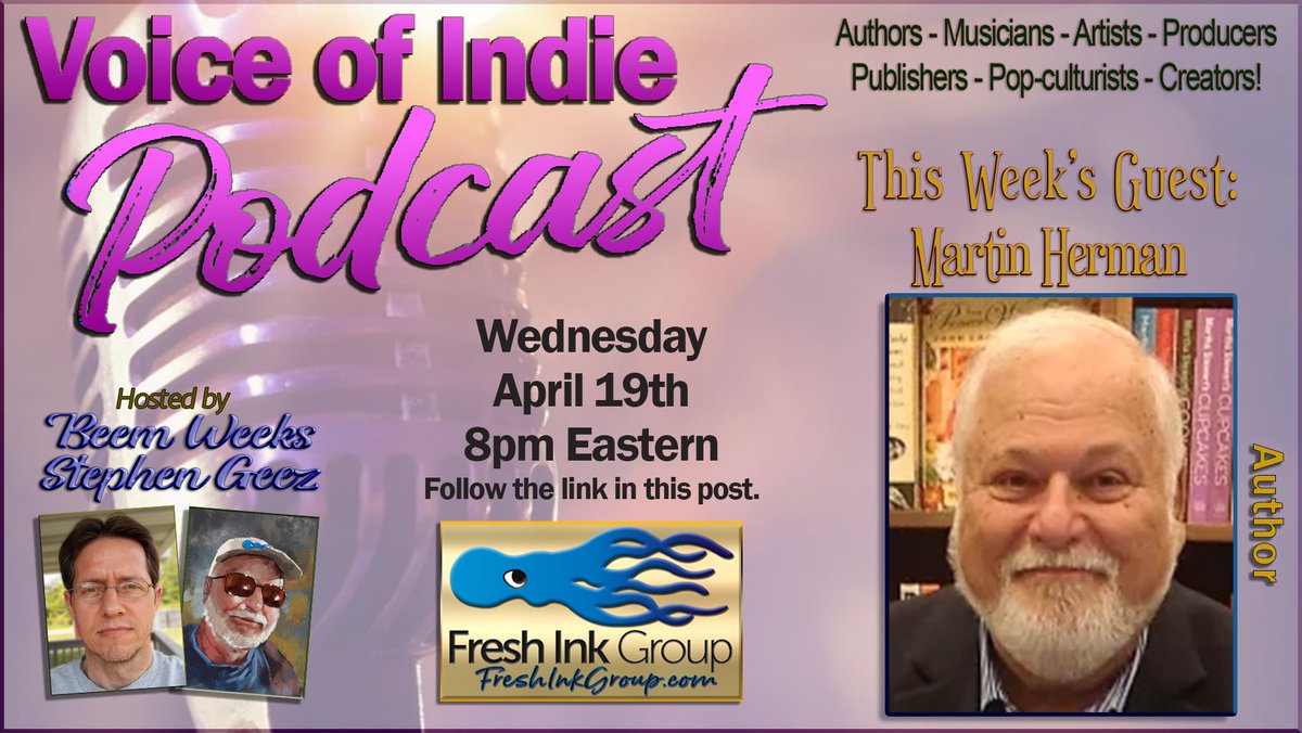 I'm excited and honored to be a guest on @VoiceofIndie Podcast Wednesday, April 19 at 8pm Eastern with hosts @BeemWeeks  and @StephenGeez. Save the date and enjoy the show!
Here is the direct link to join the broadcast: bit.ly/3mvVLRc

#authorinterview #authorpodcast