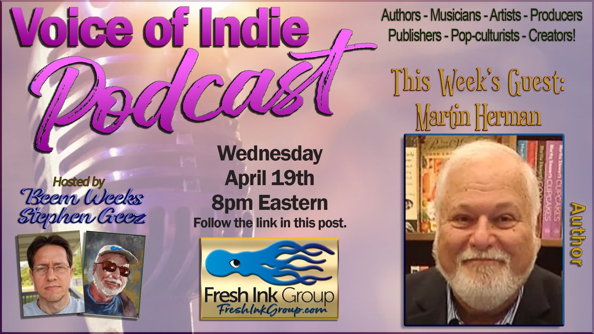 MHermanAuthor's tweet photo. I'm excited and honored to be a guest on @VoiceofIndie Podcast Wednesday, April 19 at 8pm Eastern with hosts @BeemWeeks  and @StephenGeez. Save the date and enjoy the show!
Here is the direct link to join the broadcast: https://t.co/x9HS3jqLda

#authorinterview #authorpodcast https://t.co/P1Bvz63K3L
