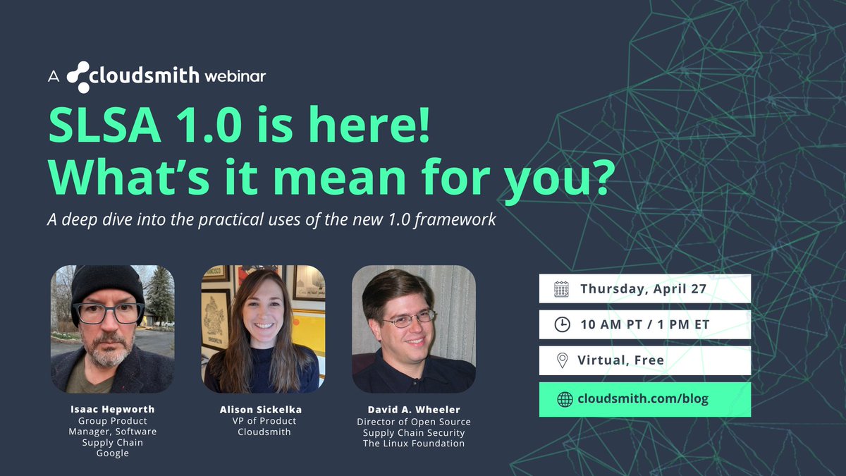 cloudsmith's tweet image. #SLSA1 is here, so what&apos;s it mean for you? 🤔 Join @ASickelka, @isaach &amp;amp; @drdavidawheeler on Thurs, Apr 27 for a deep dive into the practical uses of the new 1.0 framework. Register ⬇️⬇️⬇️
bit.ly/3mn0ZPf 

#SLSA2023 #SLSA #devops #devsecops