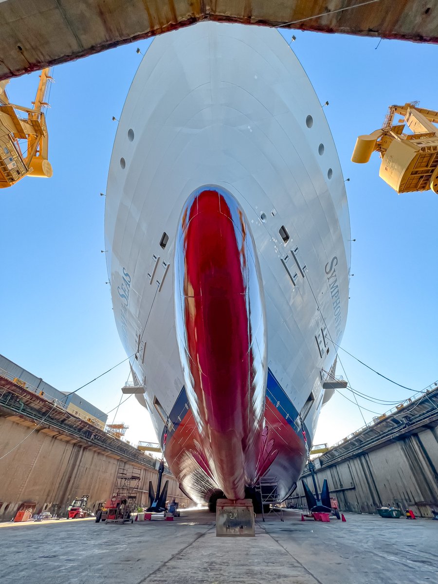 #SymphonyoftheSeas has successfully completed her time in dry dock! ✅

This morning the dock was refilled with water so she can leave the shipyard tomorrow. Then she will head back to Barcelona to sail her first Mediterranean cruise of her European summer season!