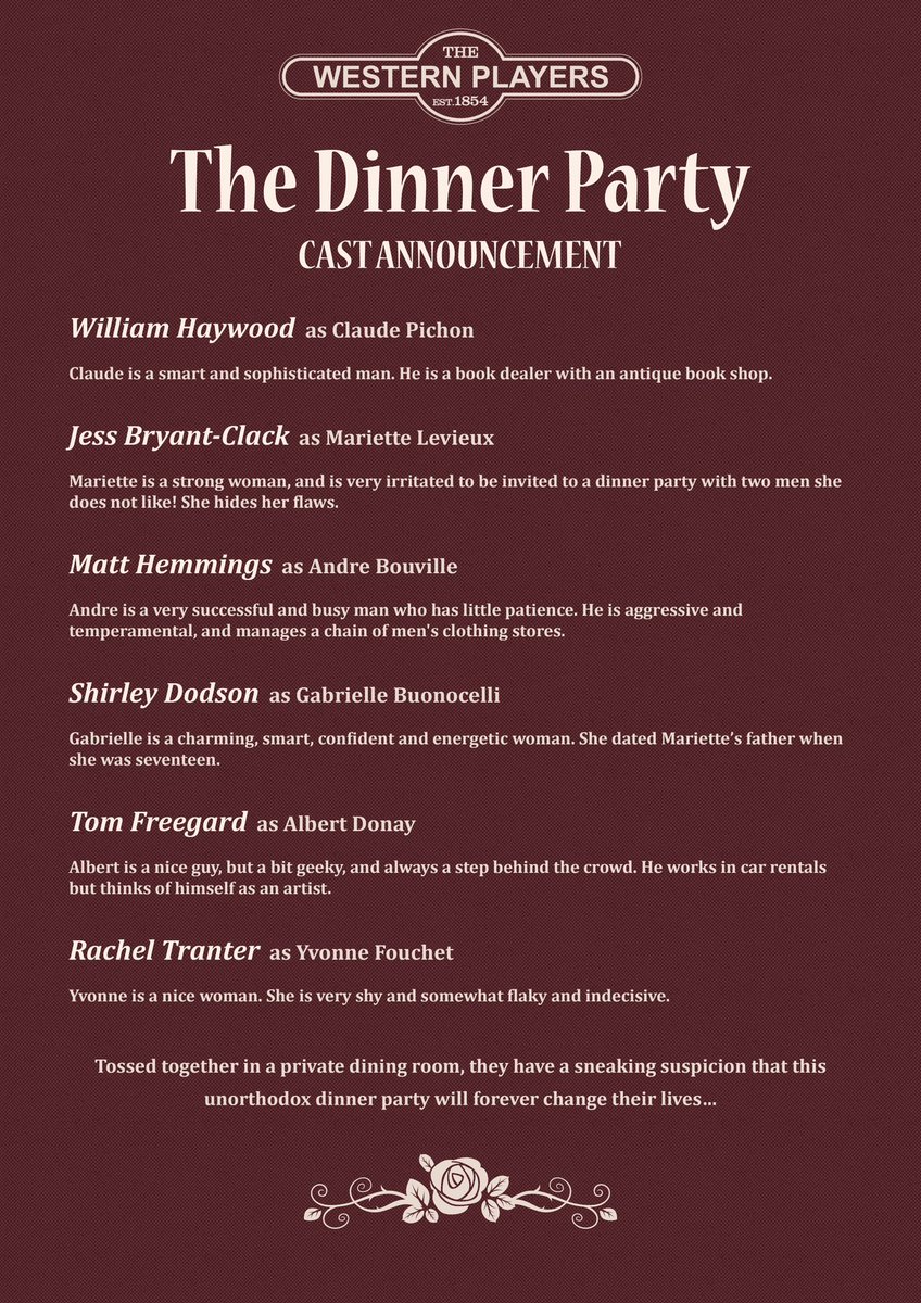 We have a cast!!

Rehearsals for our Summer show ‘The Dinner Party’ are already underway and we can now share who will be waiting for you on stage in June!