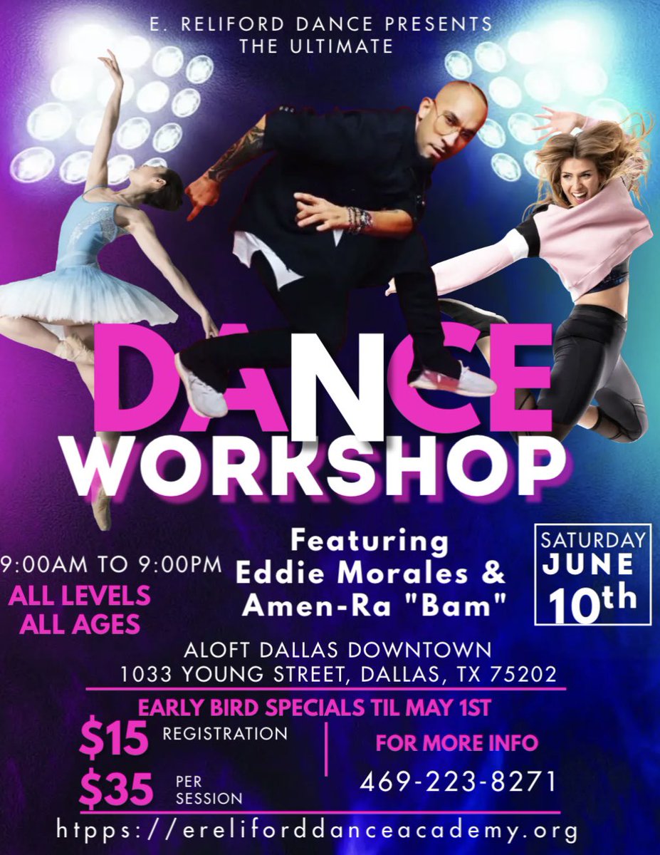 RelifordDance's tweet photo. Coming Sat. June 10 (9am-9pm) it’s the ULTIMATE MASTER CLASS &amp; DANCE WORKSHOP! Take contemporary dance classes with local masters and national powerhouse artist as well…  Sign up &amp; get your tickets NOW!!!
https://t.co/8pptaUkVr5 https://t.co/etpE6pJBZI