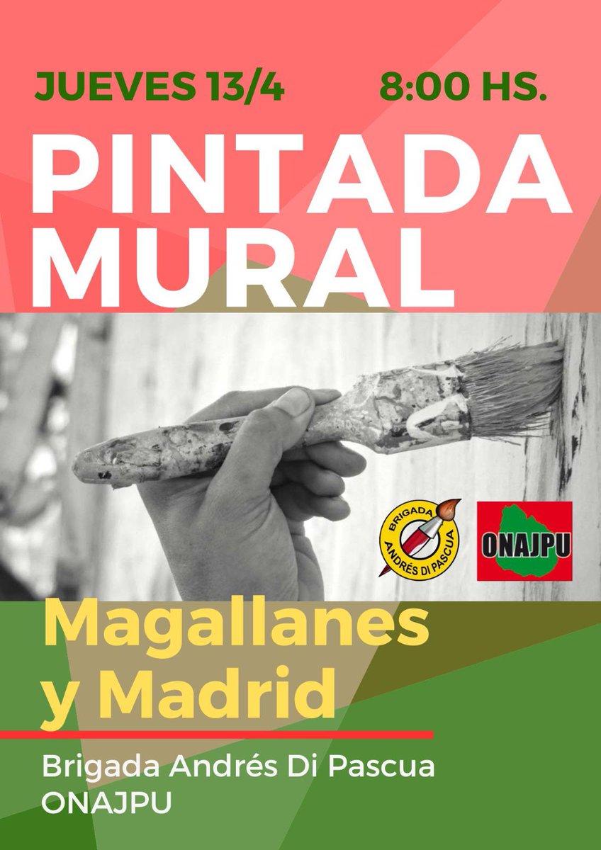 Onajpu1's tweet photo. #Onajpu
📌 Jueves 14/4 hora 8.00 nos juntamos en calles Magallanes y Madrid junto a la Brigada Andrés Si Pascua, para realizar una pintada de mural. 
✅ Te esperamos!!!! https://t.co/ERUBWJKThV
