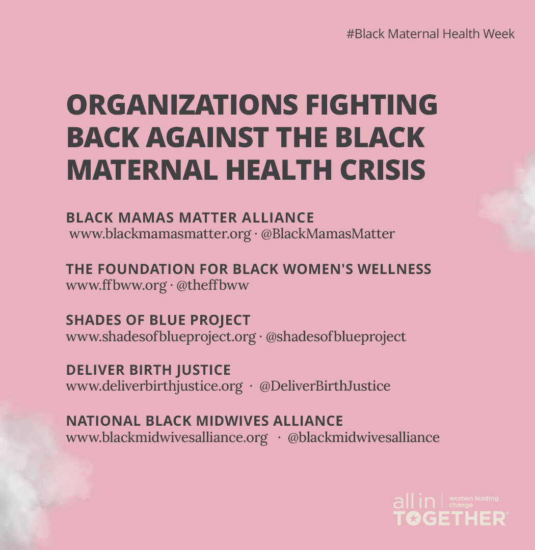 AllInTogether's tweet photo. These are some organizations fighting back against the #BlackMaternalHealthCrisis. Follow their pages and support their work!

@BlkMamasMatter @TheFFBWW @shadesofblueprj 
@BirthJusticeNow @black_midwives https://t.co/J2d9Qm6NgH