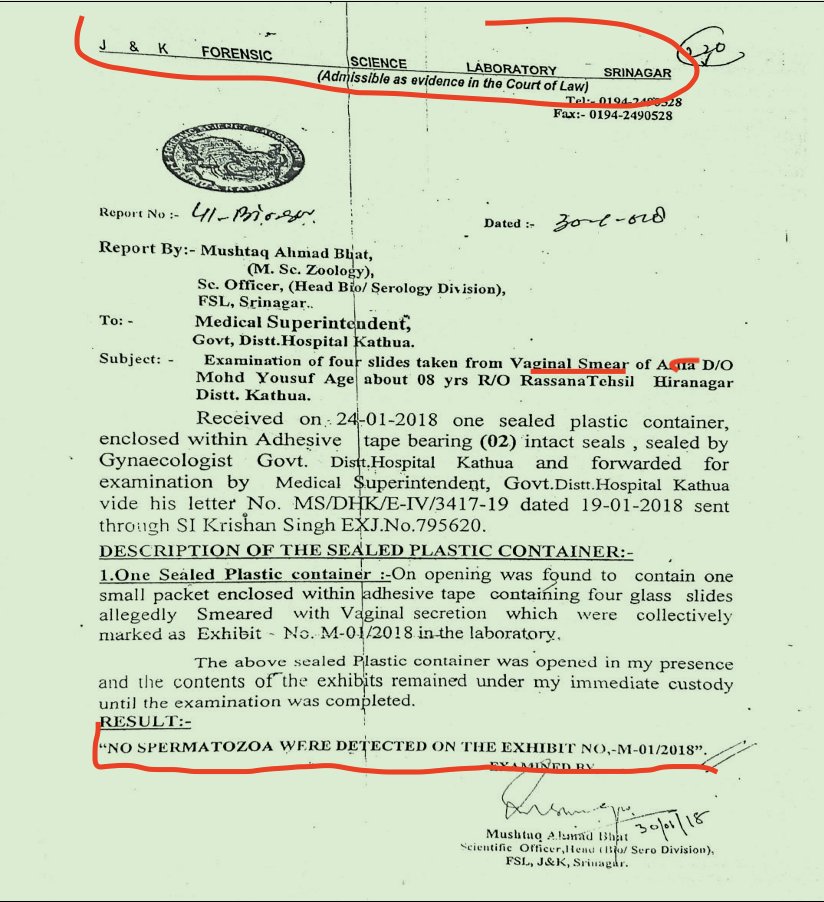 madhukishwar's tweet photo. Here is the Forensic Report of the #VaginalSmear of #TheGirlFromKathua.

Clearly says, "NO SPERMATOZOA DETECTED..."

That means, NO Rape, leave alone Gang Rape!
But someone certainly torture her to death?

Guess, who gained most from her death? https://t.co/Os3XIHGnBy