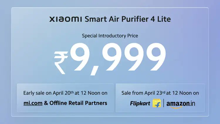 alvintse's tweet photo. Breathe easy with #XiaomiSmartAirPurifier4Lite- an addition to your #SmarterLiving life. It has:  

-99.97% Filtration of 0.3μm particles 
-269sq.ft.- 463sq.ft. Effective coverage area
-33.4dB(A) Low Noise 
Smart App Control, and more at just Rs. 9,499! https://t.co/7xH7xNqVA5