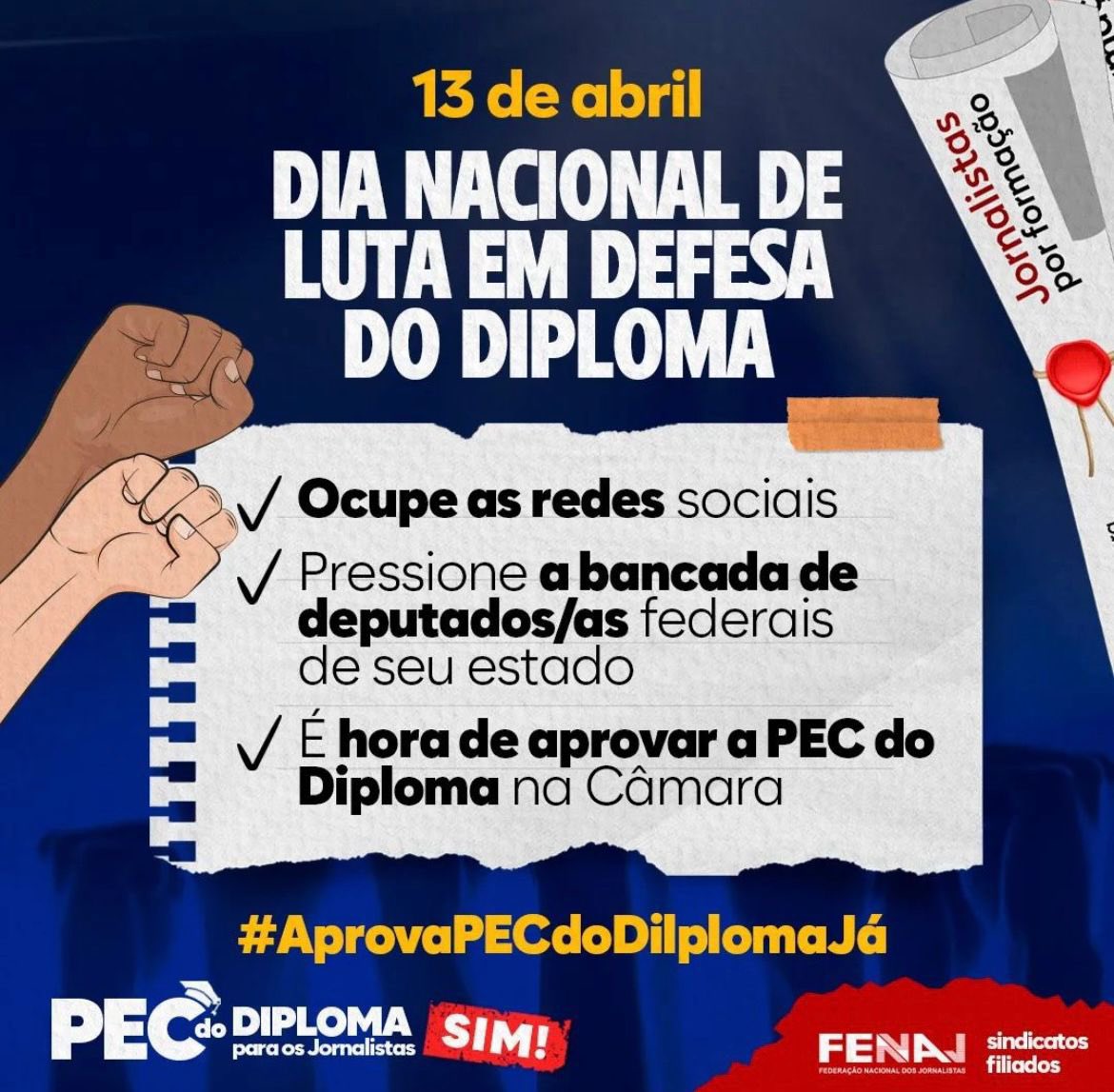SinjoPE's tweet photo. A FENAJ e os Sindicato dos Jornalistas filiados promovem, nesta quinta-feira (13), um dia de luta em defesa da aprovação, pela Câmara dos Deputados, da PEC 206/2012, que restabelece a formação superior em Comunicação Social/ Jornalismo, como exigência ao exercício profissional. https://t.co/tKqei8BjIt