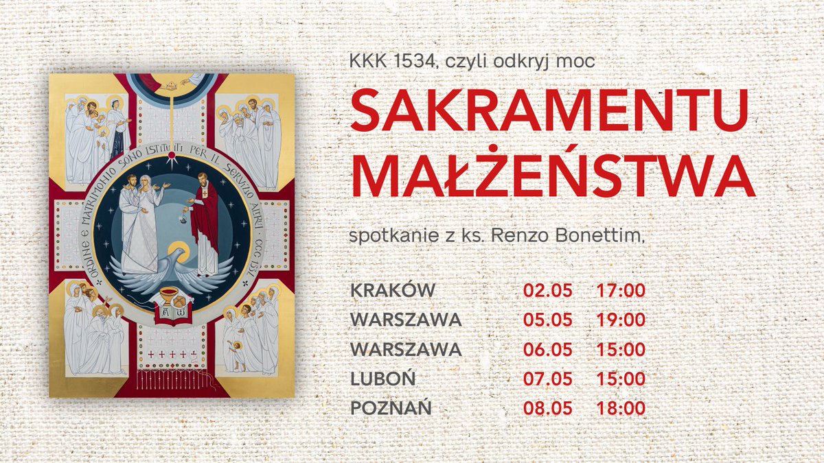 miesWdrodze's tweet photo. Halo, Kraków, Warszawa, Poznań i Luboń!
PATRONUJEMY i zapraszamy na spotkanie o mocy 🔥 ukrytej w sakramencie małżeństwa, o czym opowie ks. Renzo Bonetti 👉🏻 2 maja oraz 5-8 maja 2023 r.

Więcej informacji na https://t.co/B0kfP6mi17
#miesięcznikWdrodze #Misterogrande #małżeństwo https://t.co/mlOa0yDAyE