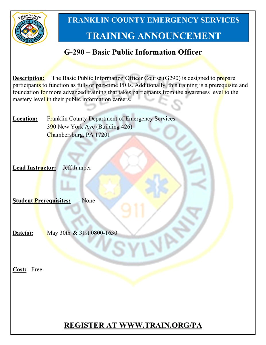 G-290  Basic Public Information Officer  |  Register at fcpstc.org    |  No registration fee.