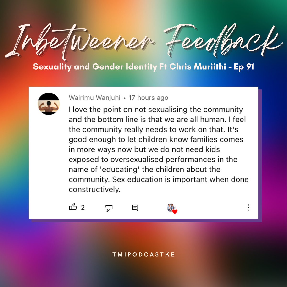 tmipodcastke's tweet photo. Love and understanding, that’s all we asked for and that’s exactly what our #inbetweeners gave us!❤️
This conversation wasn’t easy to have and we didn’t expect it to be but we are glad that our community let kindness guide them.
#tmipodcastke #episode91 #sexuality #genderidentity https://t.co/otXDcK17Lf