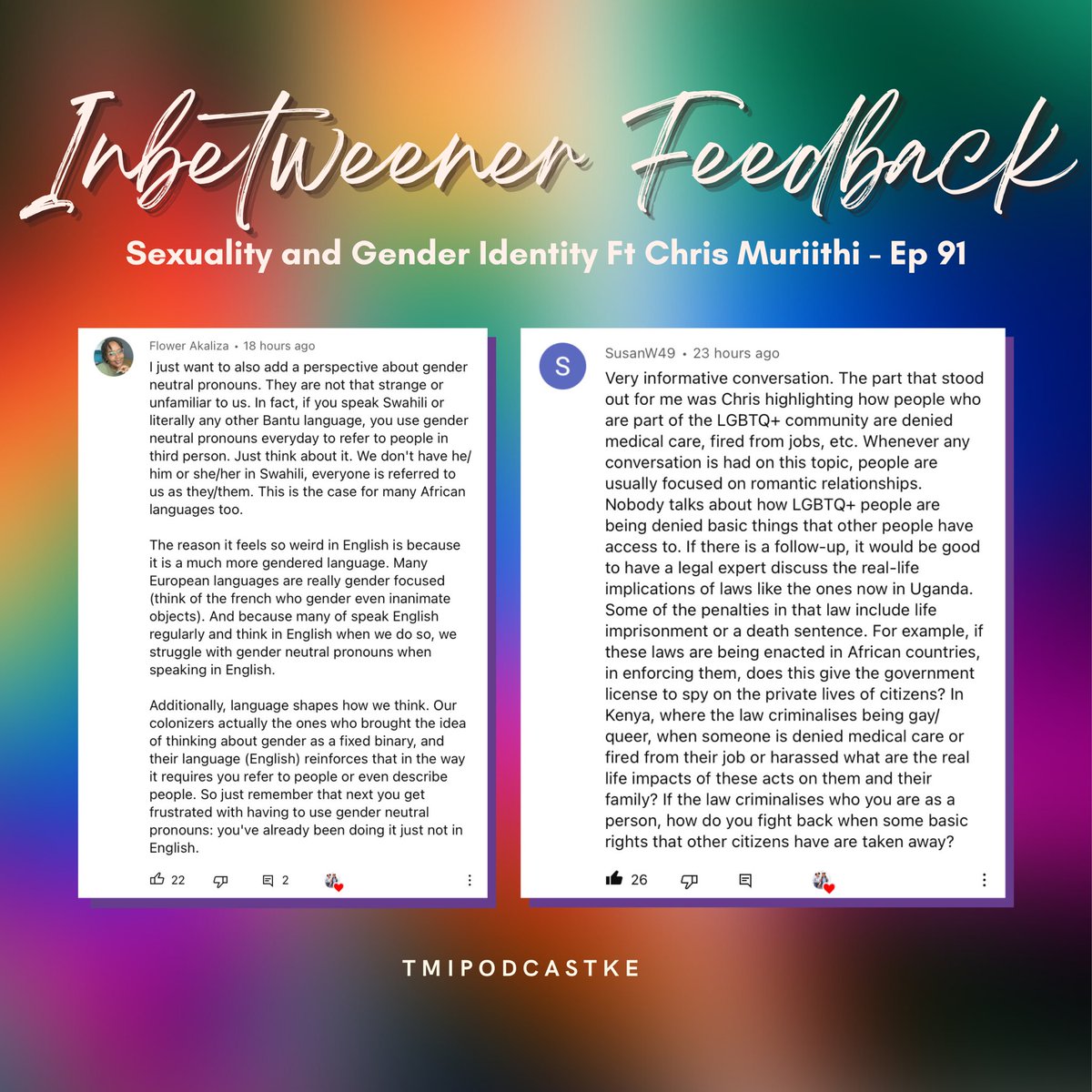 tmipodcastke's tweet photo. Love and understanding, that’s all we asked for and that’s exactly what our #inbetweeners gave us!❤️
This conversation wasn’t easy to have and we didn’t expect it to be but we are glad that our community let kindness guide them.
#tmipodcastke #episode91 #sexuality #genderidentity https://t.co/otXDcK17Lf