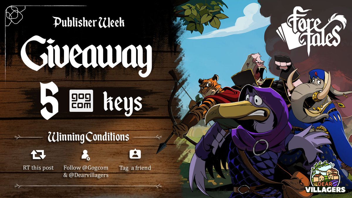 DearVillagers's tweet photo. Do you know what Publisher Week means?

💰 Savings? YES
🧡 Great indie games? YES
🎁 Gifts? YES!

Get a chance to win 1 of the 5 @GOGcom keys of @foretales_game! 🥳
A narrative card game where your choices decide the fate of the world, made by @alkemigames!

#giveaway https://t.co/nu1sGFpLfy