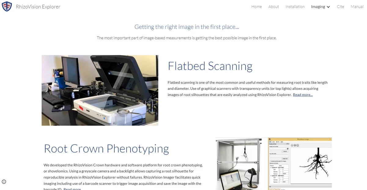 Screenshot of the new Imaging section on the rhizovision.com website. The text reads 'Getting the right image in the first place' and has a brief description of Flatbed Scanning and Root Crown Phenotyping with example images of those imaging platforms.