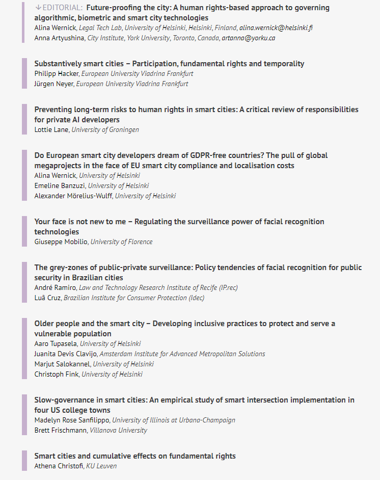 AlinaWernick's tweet photo. I cannot wait to publish @PolicyR  special issue Future-proofing the city: A #humanrights -based approach to governing #algorithmic, #biometric and #smartcity technologies w/@socioanna! The 24h grace period passes so slowly (for a 15-month project), so sharing a teaser &amp; thanks🧵 https://t.co/UnzaQ0oRS0