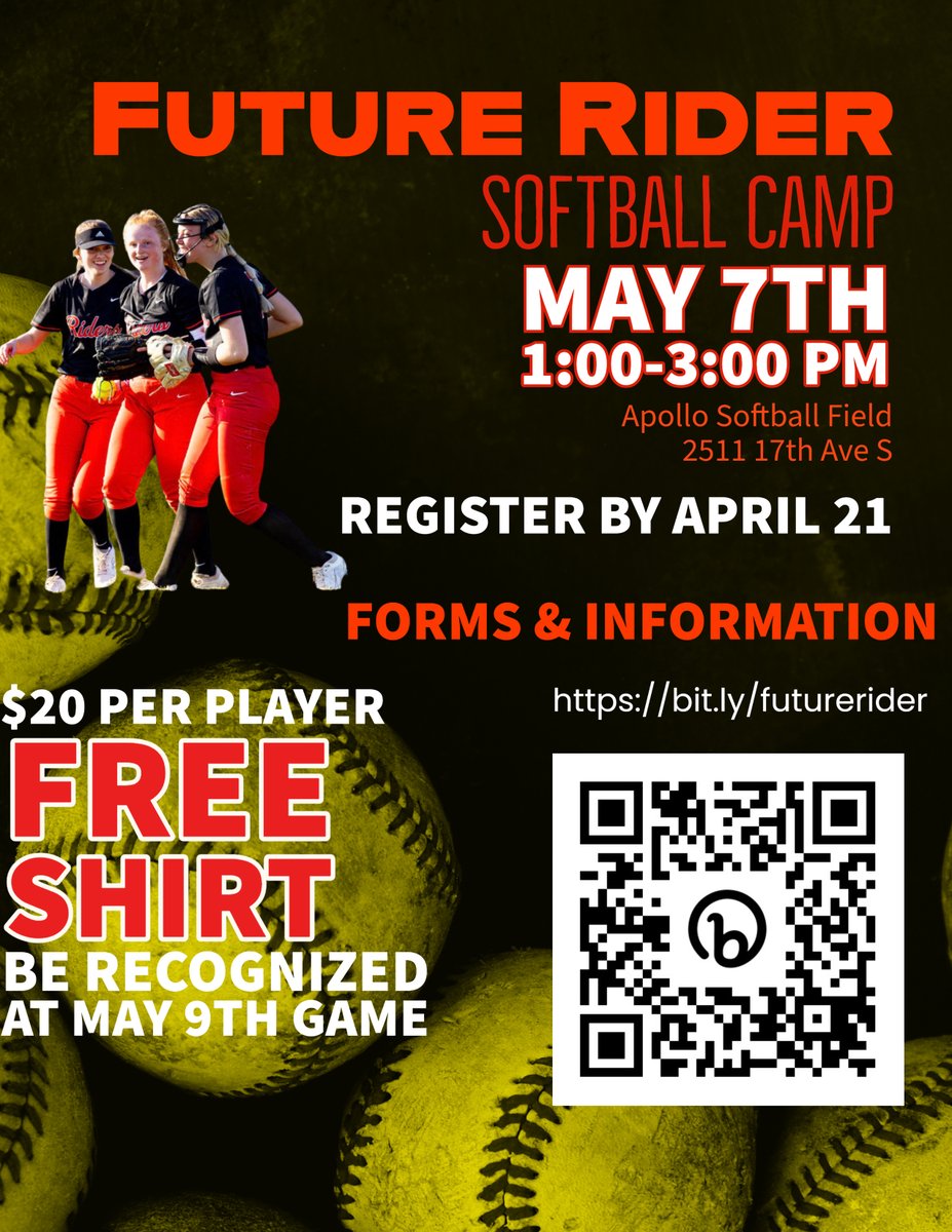 RRHSsoftball's tweet photo. ‼️ Future Roughriders‼️
Join us for our first youth camp!
📅May 7th 
🥎 Grades K-6 in Grand Forks and surrounding communities
👕FREE SHIRT 
✅Register before April 21st https://t.co/D776l6koWg