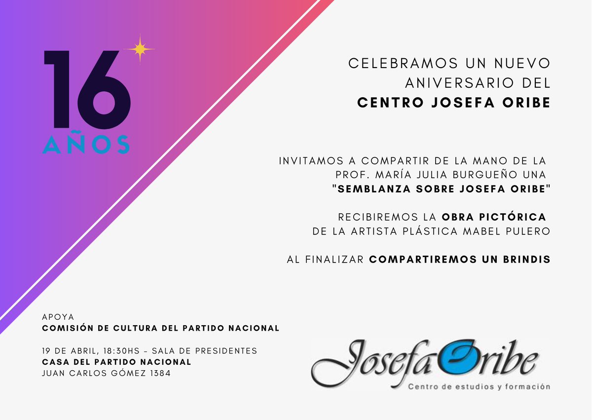 Centro Josefa Oribe (@cefjosefaoribe) on Twitter photo 📍El próximo 19 de abril celebramos un nuevo aniversario de nuestro Centro y queremos que seas parte!
<a href="/PNACIONAL/">Partido Nacional</a> 📍El próximo 19 de abril celebramos un nuevo aniversario de nuestro Centro y queremos que seas parte!
<a href="/PNACIONAL/">Partido Nacional</a>
