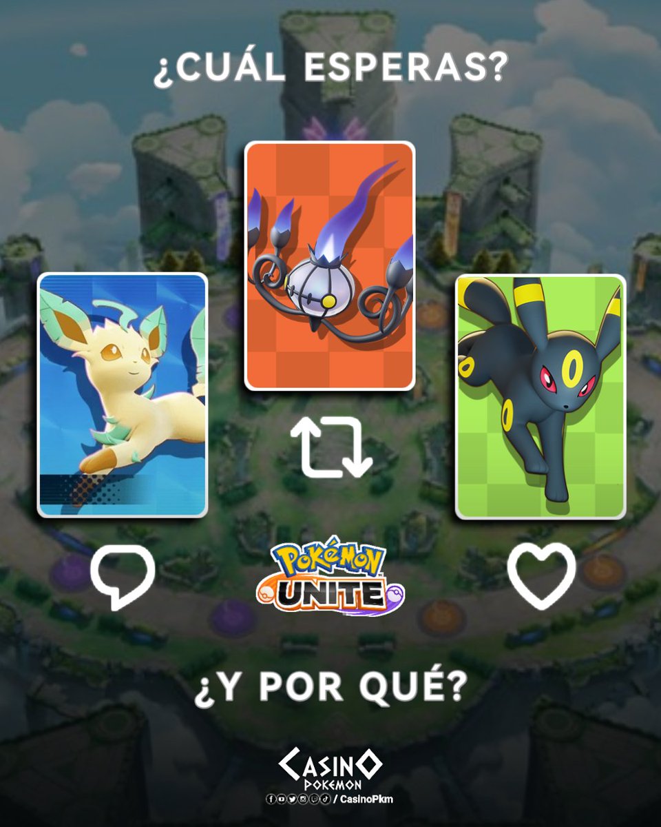 ¡Varios Pokémon están prontamente a llegar en #PokemonUNITE!

🐱🍃 Leafeon como Speedster
👻🔥 Chandelure como Atacker
🐱🌕 Umbreon como Defender

¿Cuál esperas y por qué?