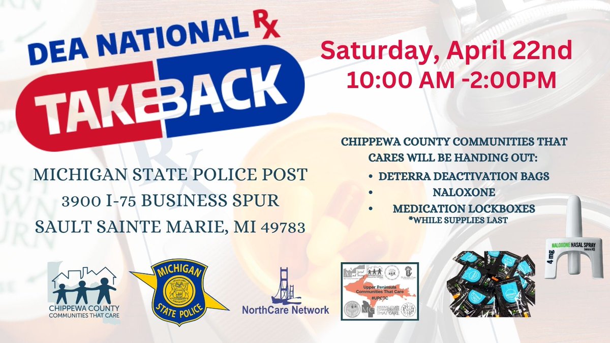 This Saturday is, #DEATakeBackDay. We will be at the Michigan State Police Post from 10am - 2pm.  Clean out your cabinets, protect your family, and receive a safer home kit! #DEA #opiods #opiodcrisis #safedisposal #SecureYourMeds
