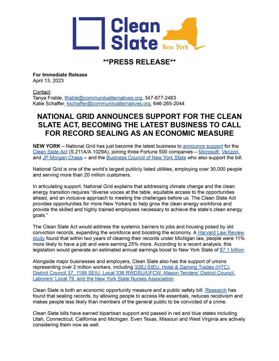 cleanslateny's tweet photo. BREAKING: National Grid has announced support for #CleanSlateNY, becoming the latest business to call for passage. 

"Clean Slate provides opportunities for more New Yorkers to help grow the clean energy workforce...[which is] necessary to achieve the state’s clean energy goals." https://t.co/BeVzvCglvF