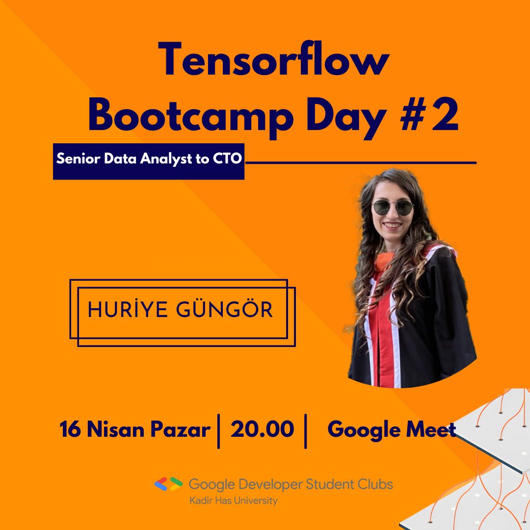Tensorflow Bootcamp’in ikinci gününde Huriye Güngör bizlere eşlik edecek. 16 Nisan Pazar günü 20.00’da Google Meet üzerinden gerçekleşecek bu etkinliği kaçırma! 

Huriye Güngör Senior Data Analyst to CTO olarak çalışıyor. 

Form: forms.gle/1bkrYZRgPzEbYw…