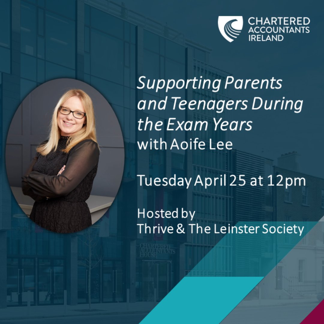 Chartered Accountants Ireland (@charteredaccirl) on Twitter photo With exam season approaching, Thrive & the Leinster Society bring you this informative webinar: Supporting Parents & Teenagers During the Exam Years.
Speaker, <a href="/alparentsupport/">Aoife Lee Parent Support</a>, will discuss how to encourage your teenagers & manage study resistance. fal.cn/3xmZ6 With exam season approaching, Thrive & the Leinster Society bring you this informative webinar: Supporting Parents & Teenagers During the Exam Years.
Speaker, <a href="/alparentsupport/">Aoife Lee Parent Support</a>, will discuss how to encourage your teenagers & manage study resistance. fal.cn/3xmZ6