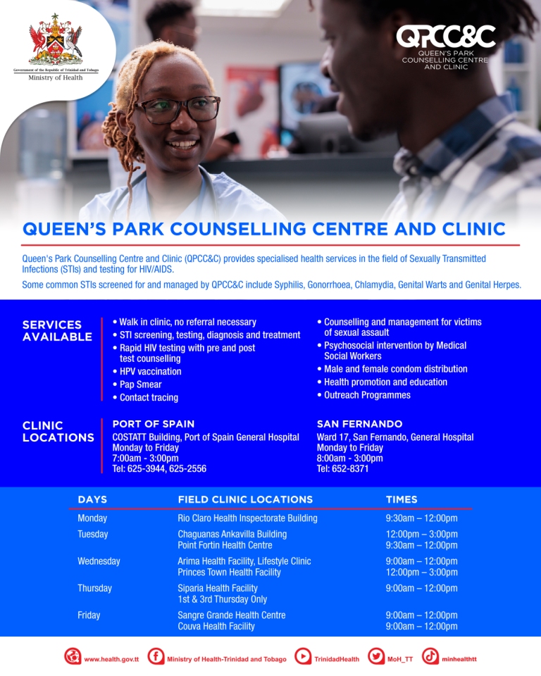 MOH_TT's tweet image. Have you heard about the Queen’s Park Counselling Centre and Clinic (QPCC&amp;amp;C)? 

QPCC&amp;amp;C provides specialised health services in the field of Sexually Transmitted Infections (STIs) and testing for HIV/AIDS.

#STIAwarenessWeek #GetTested