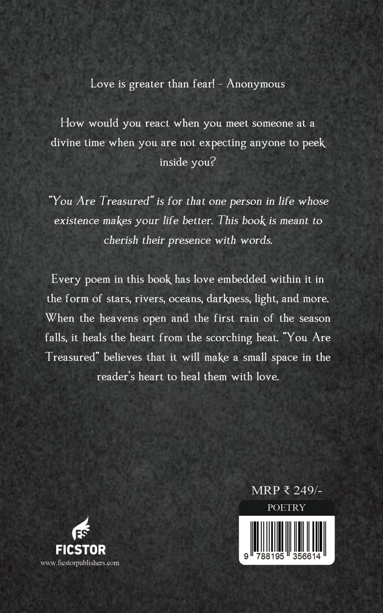ficstor's tweet photo. Launching: YOU ARE TREASURED 

#poetry #book 
 
Order Now : 

#Amazon - https://t.co/UD8r9UqVZ0

#Flipkart - https://t.co/IVwb6WQLZL

#YouAreTreasured #BhupeshNaranware #authorBhupesh #NEW  #read #reading #readbooks #MustRead #mustreads #BookWorm  #BooksWorthReading #BookAddict https://t.co/YikHEddDOG