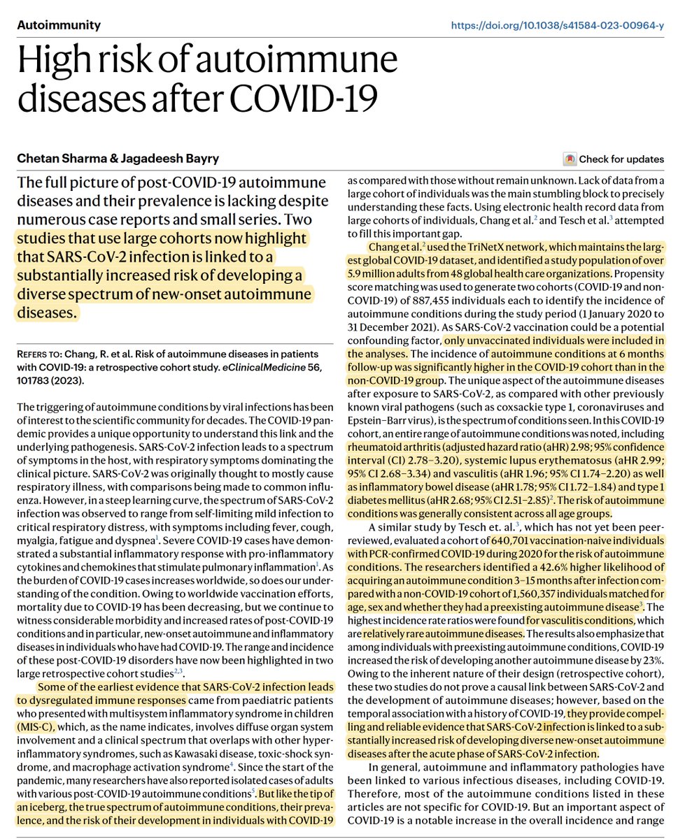 Beyond autoimmunity as a mechanism for #LongCovid, the heightened risk of autoimmune diseases
"Compelling and reliable evidence that #SARSCoV2 infection is linked to a substantially increased risk of developing diverse new-onset autoimmune diseases..."
nature.com/articles/s4158…