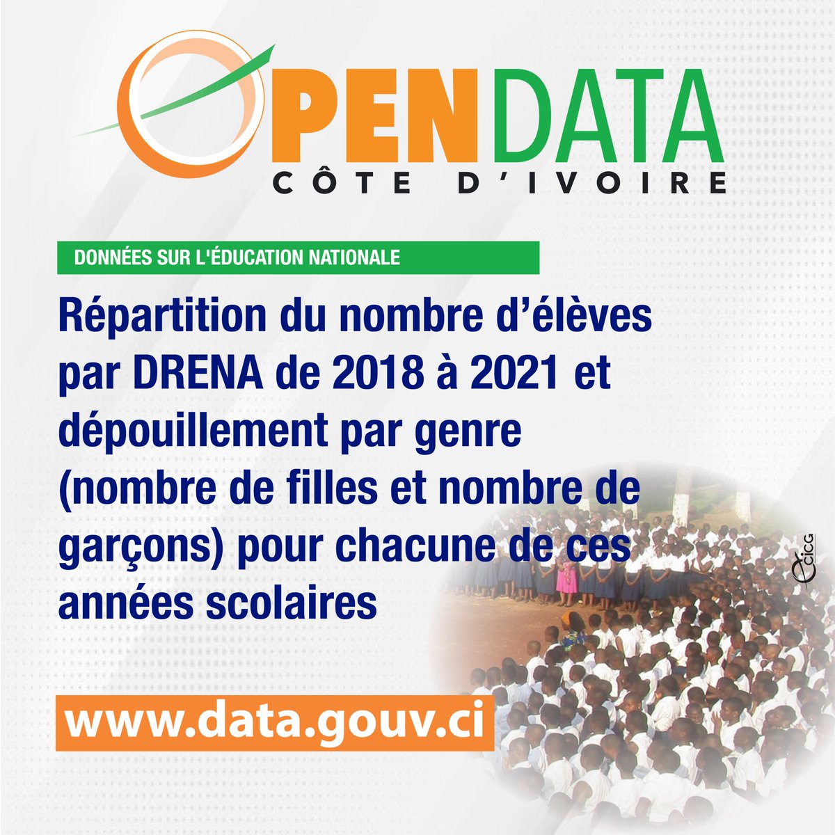 Gouvciofficiel's tweet photo. #OpenDataCI | Données sur l'Éducation Nationale
Cliquez-ici ➡️ https://t.co/QRNt0GCyUz pour connaitre répartition du nombre d’élèves par DRENA de 2018 à 2021. Vous y trouverez un graphique à barres présentant la répartition.
#CICG #GouvCI
#OpenData https://t.co/8DcjRXq5js
